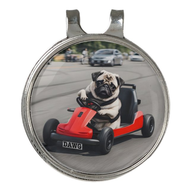 Pug go-kart racing golf hat clip (Front)