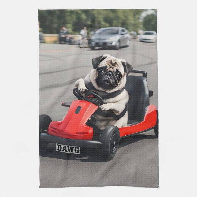 Pug go-kart racing kitchen towel (Vertical)