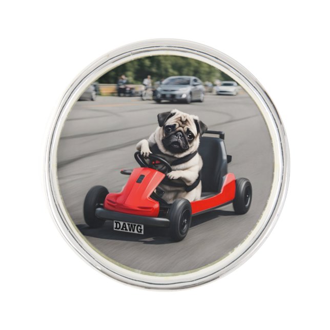 Pug go-kart racing lapel pin (Front)