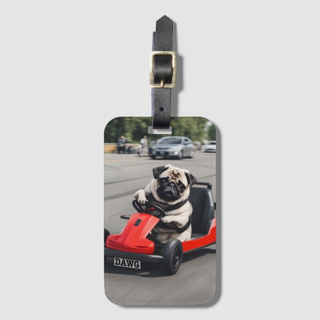Pug go-kart racing luggage tag (Front Vertical)