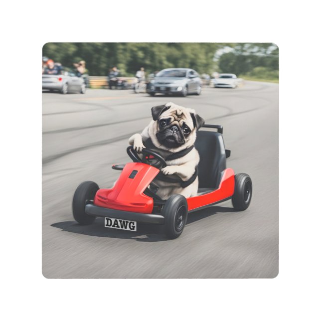 Pug go-kart racing metal print (Front)