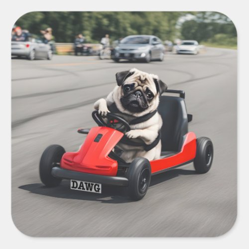 Pug go_kart racing square sticker