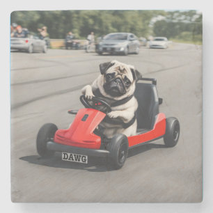 Pug go-kart racing stone coaster