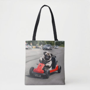 Pug go-kart racing tote bag