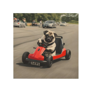 Pug go-kart racing wood wall art