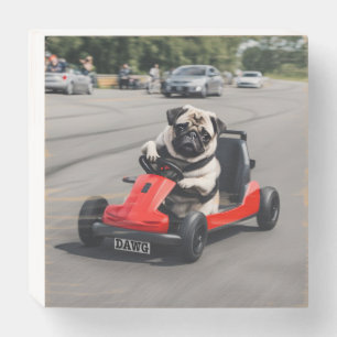 Pug go-kart racing wooden box sign