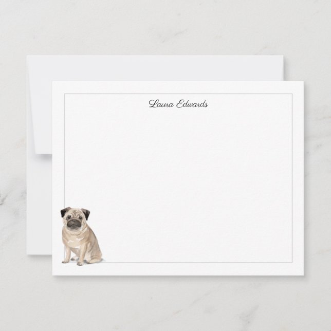 Pug Gray Border Personalized Stationery Note Card (Front)