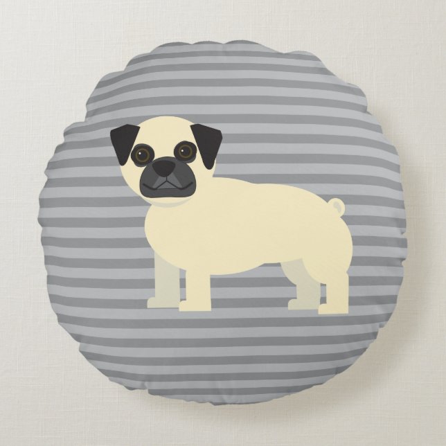 Pug Gray Lined Round Pillow (Front)