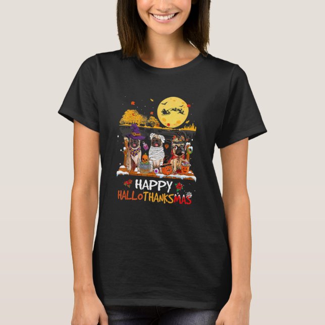 Pug Hallothanksmas Halloween Thanksgiving T-Shirt (Front)