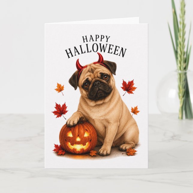Pug Halloween Devil Dog Card (Front)