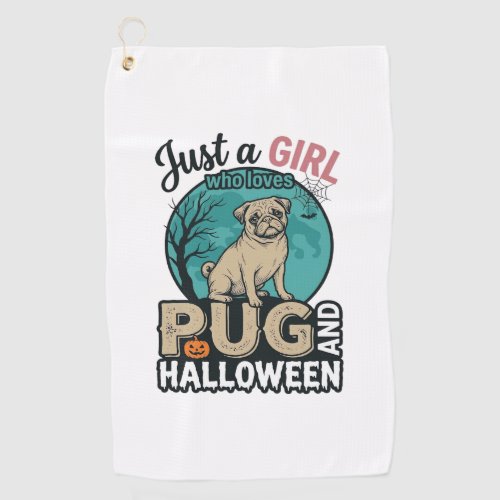 Pug Halloween Girl Vintage Vector Design (2)_1 Golf Towel