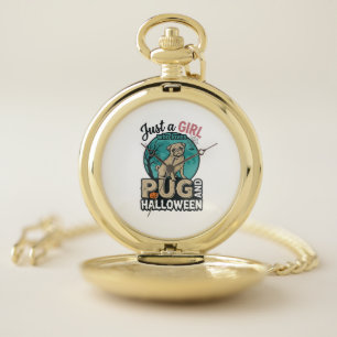 Pug Halloween Girl Vintage Vector Design (2)_1 Pocket Watch