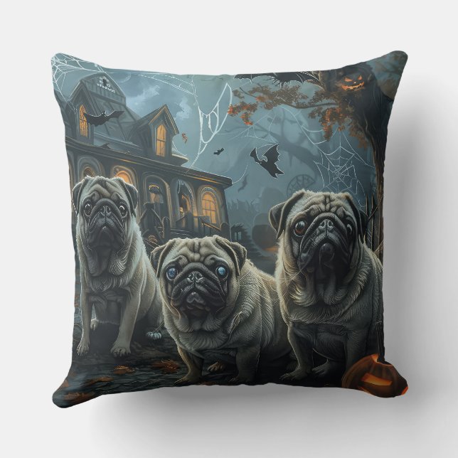 Pug Halloween Night Doggy Delight Throw Pillow (Back)