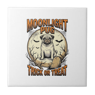 Pug Halloween Shirt with Vintage Engraving Moon_1 Ceramic Tile