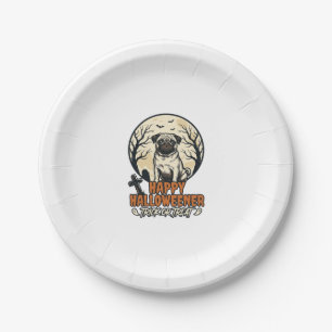 Pug Halloween Trick or Treat Vintage Engraving Des Paper Plates