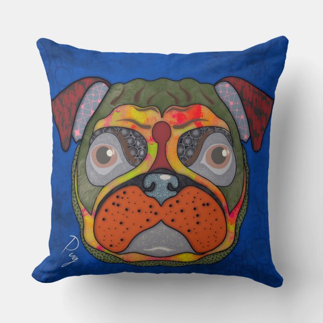 Pug hand-painted Throw Pillow (Front)