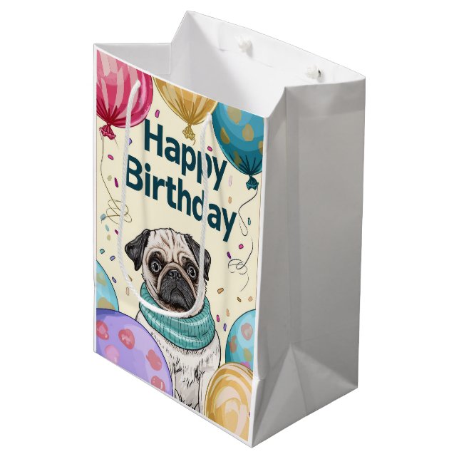 Pug Happy Birthday Medium Gift Bag (Front Angled)