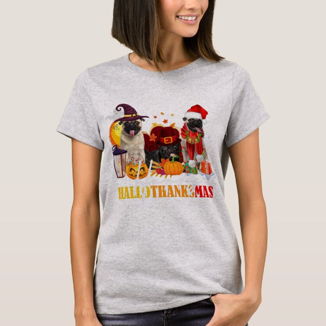 Pug Happy Hallothanksmas Halloween Thanksgiving T-Shirt (Front)