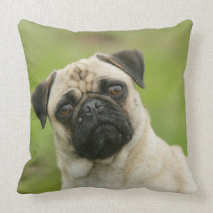 Pug Head Cocked Looking at Camera Throw Pillow