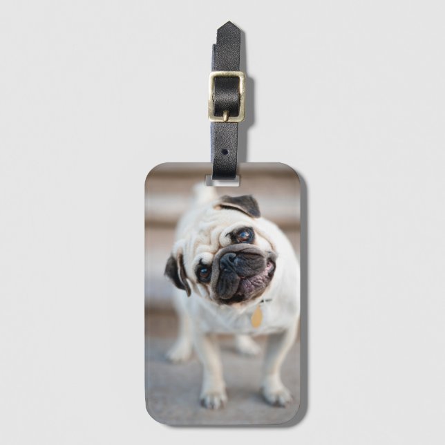 Pug Head Tilt Luggage Tag (Front Vertical)