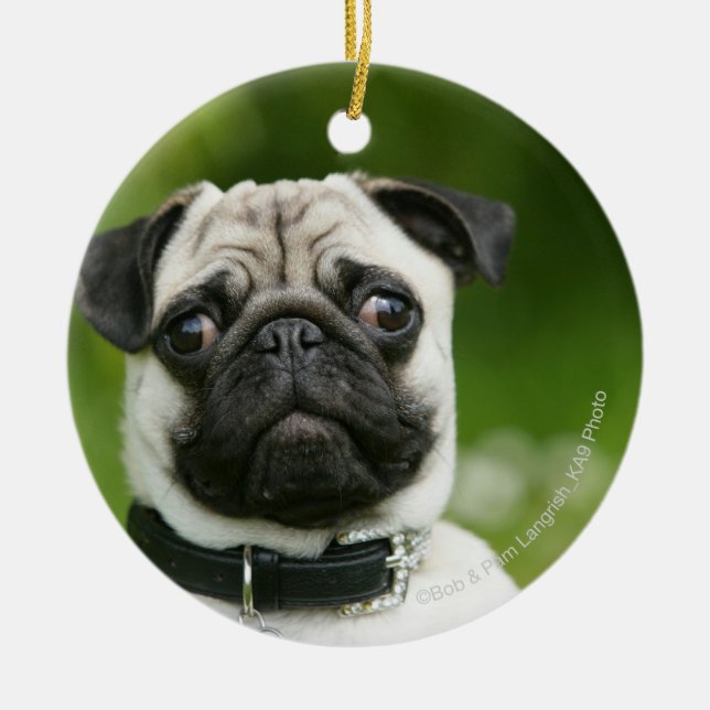 Pug headshot ceramic ornament (Front)