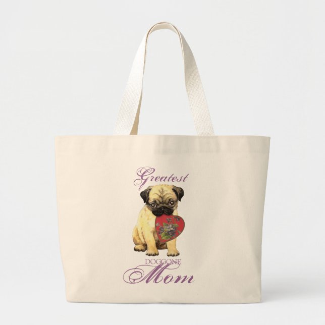 Pug Heart Mom Large Tote Bag (Front)