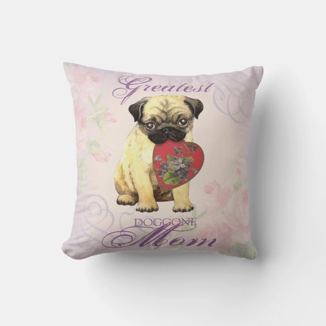 Pug Heart Mom Throw Pillow (Front)