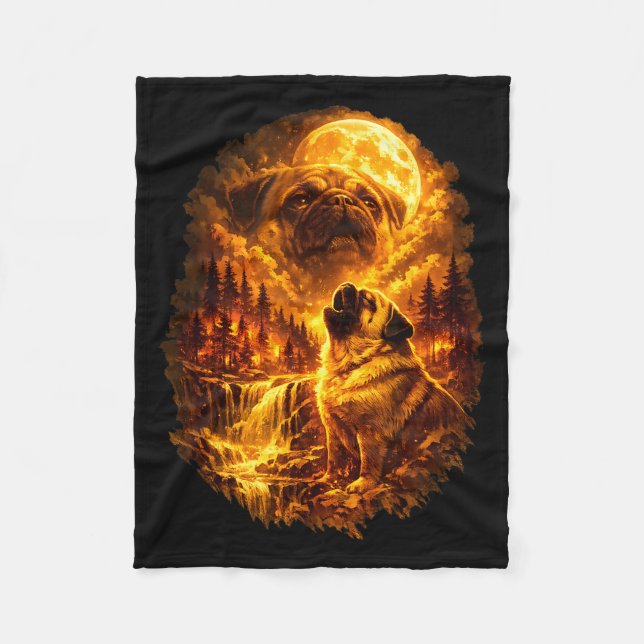 Pug howling at moon dramatic full moon  fleece blanket (Front)