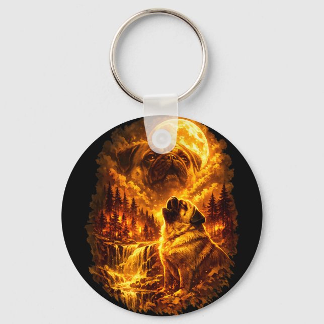 Pug howling at moon dramatic full moon  keychain (Front)