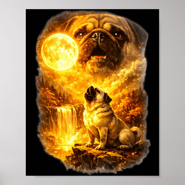 Pug howling at moon epic forest fantasy  poster (Front)