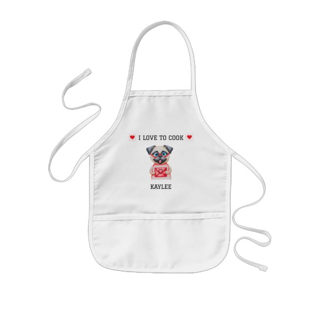 Pug "I Love to Cook" red hearts personalized  Kids' Apron (Front)