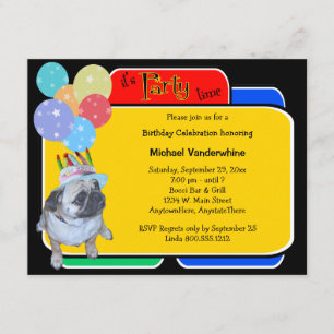 Pug In A Birthday Hat Birthday Barker Invitation