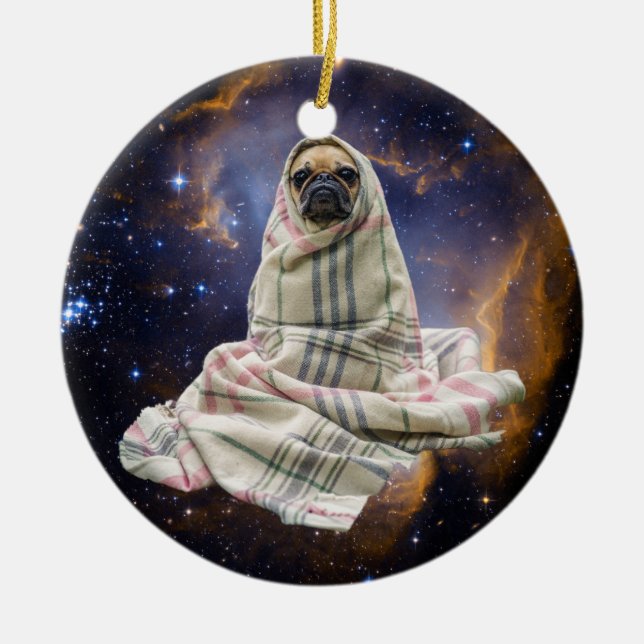 Pug in a Blanket in Outer Space Ceramic Ornament (Front)