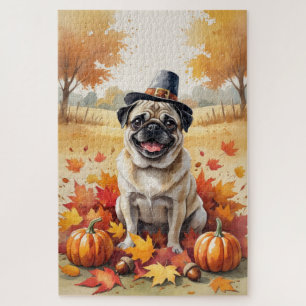 Pug In Autumn Leaves Thanksgiving Art Jigsaw Puzzle