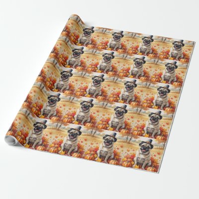 Pug In Autumn Leaves Thanksgiving Art Wrapping Paper