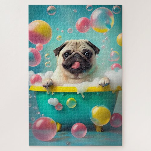 Pug in Bathtub with bubbles Jigsaw Puzzle