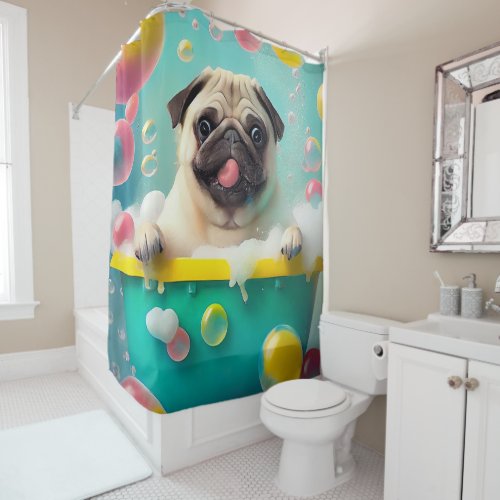 Pug in Bathtub with bubbles Shower Curtain