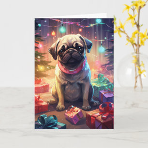 Pug in Christmas Pajamas by the Tree Card
