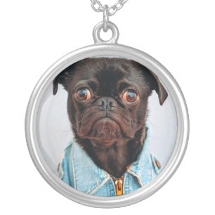 Pug in Denim Jackey Cute Adorable Dog Puppy Silver Plated Necklace