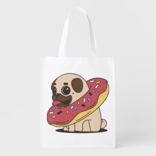Pug In Doughnut Grocery Bag
