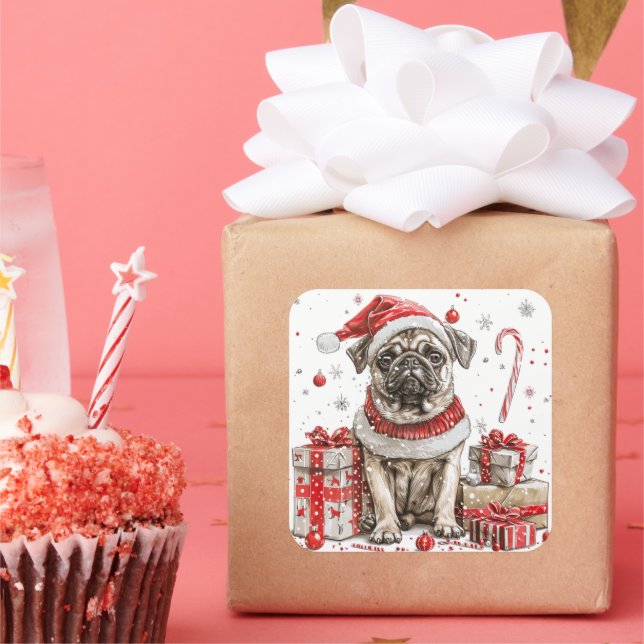 Pug in Elf Costume with Candy Cane Square Sticker (Party)