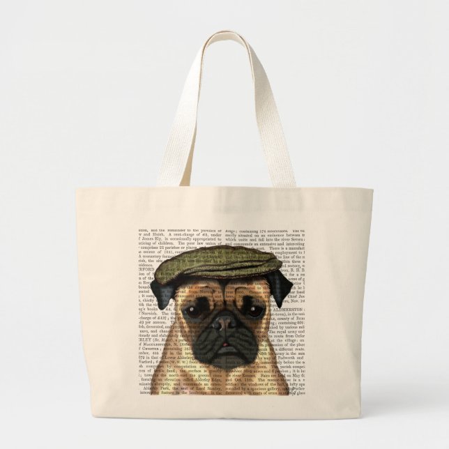 Pug in Flat Cap Large Tote Bag (Front)