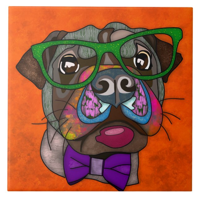 Pug in glasses ugly dog face ceramic tile (Front)