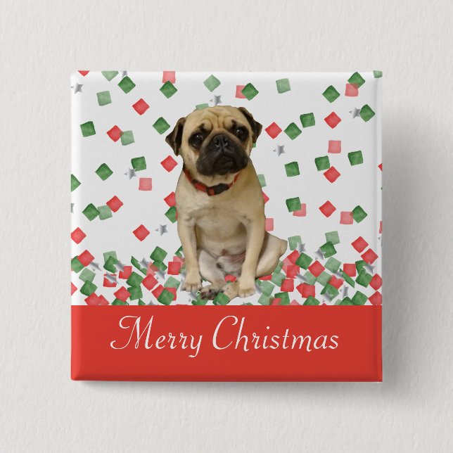Pug in Hand Painted Christmas Confetti Button (Front)