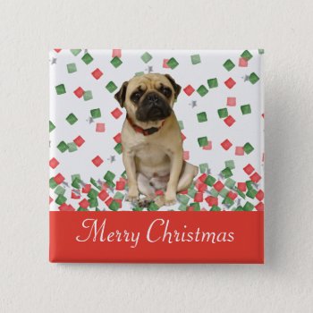 Pug In Hand Painted Christmas Confetti Button by PandaCatGallery at Zazzle