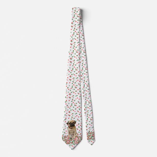 Pug in Hand Painted Christmas Confetti Neck Tie (Front)
