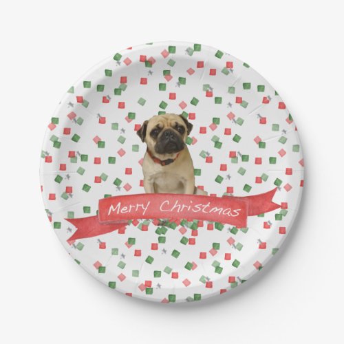 Pug in Hand Painted Christmas Confetti Paper Plates