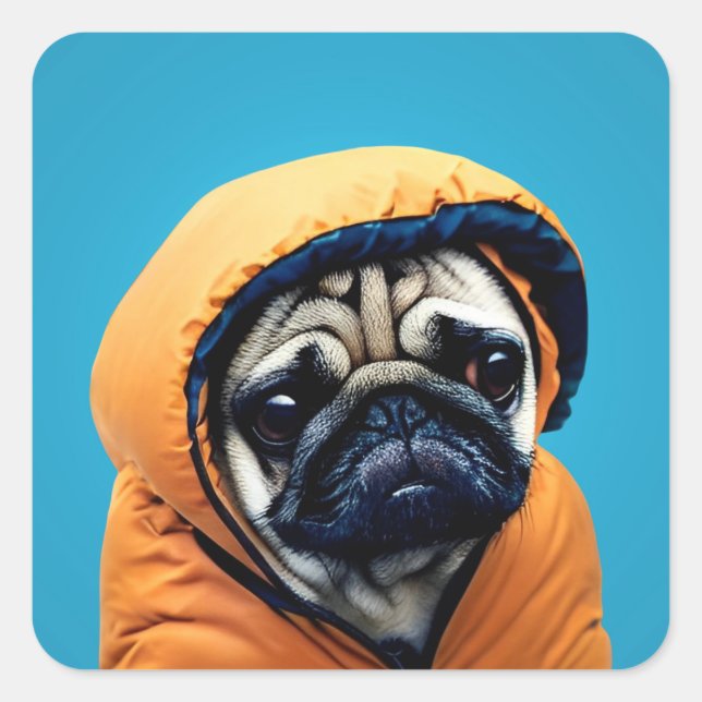 Pug in puffer jacket square sticker (Front)