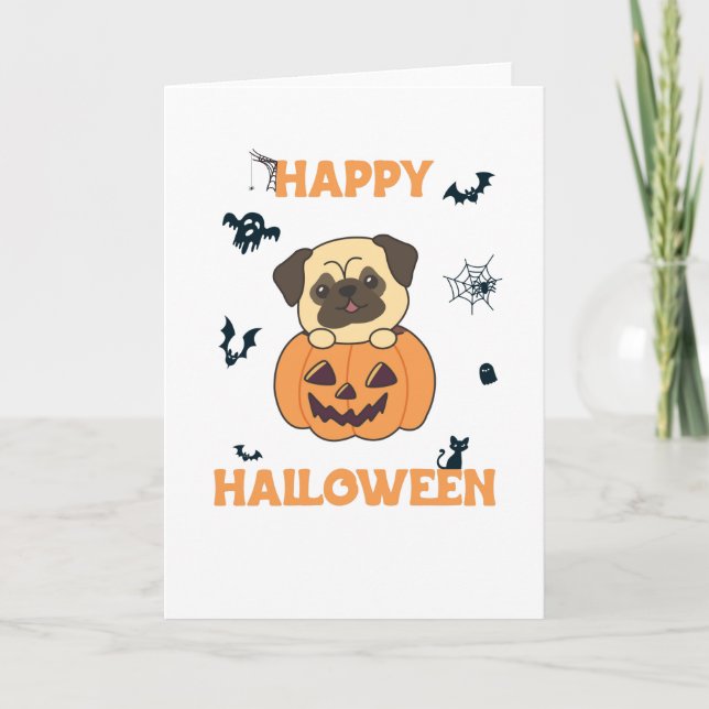 Pug In Pumpkin Sweet Dogs Happy Halloween Card (Front)