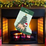 Pug in Santa Hat Christmas Tree Green Monogram Small Christmas Stocking<br><div class="desc">This beautiful pug has their head tilted inside of a cute Santa Claus hat. The adorable dog is sitting in front of a pretty Christmas tree decorated with colorful ornaments. Personalize this Christmas stocking for your pet in lovely red cursive above the wonderful drawing of my favorite doggy.</div>